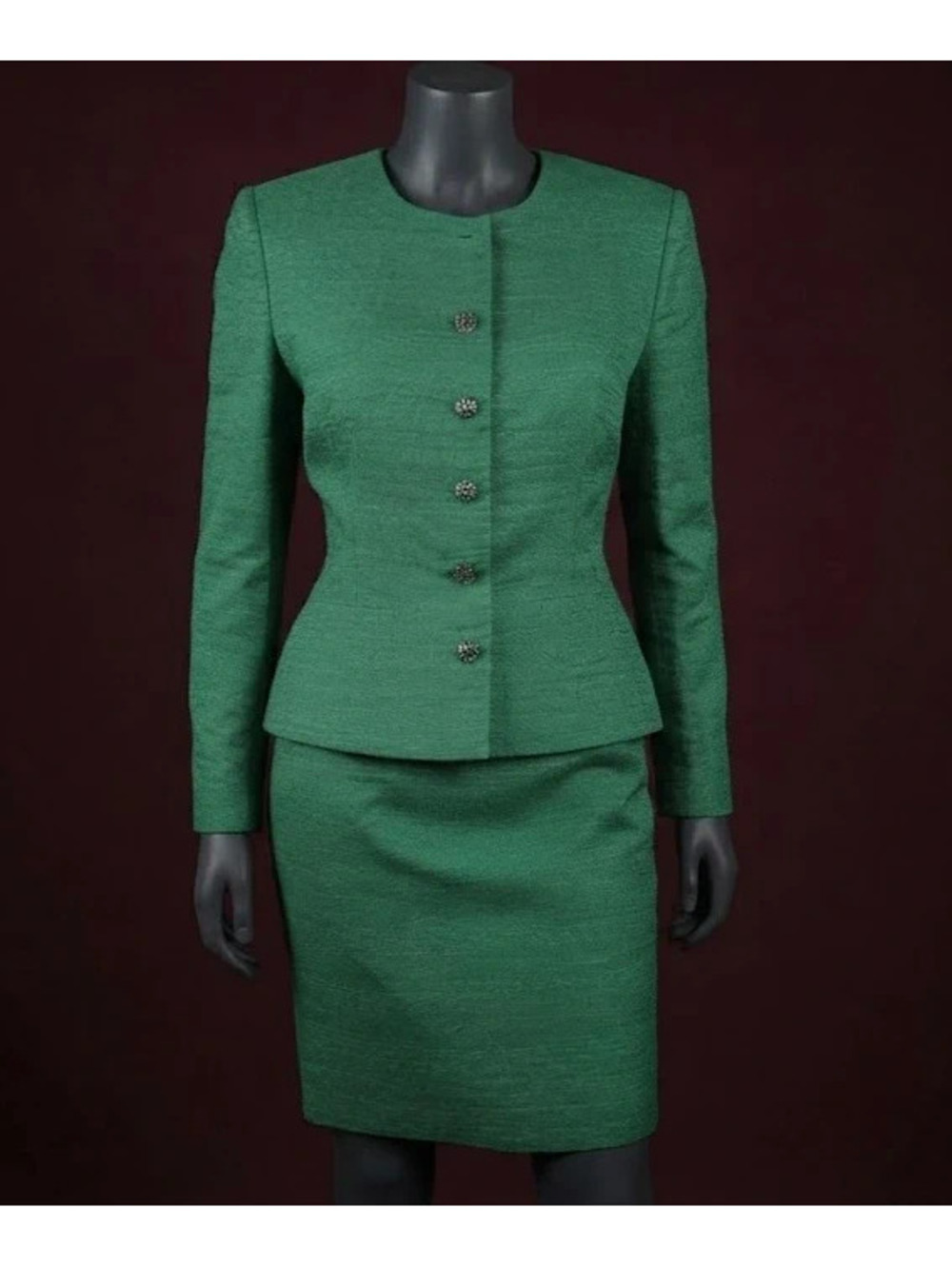 Vintage Herbert Grossman Green Silk Skirt Suit 2 piece Set. Read.